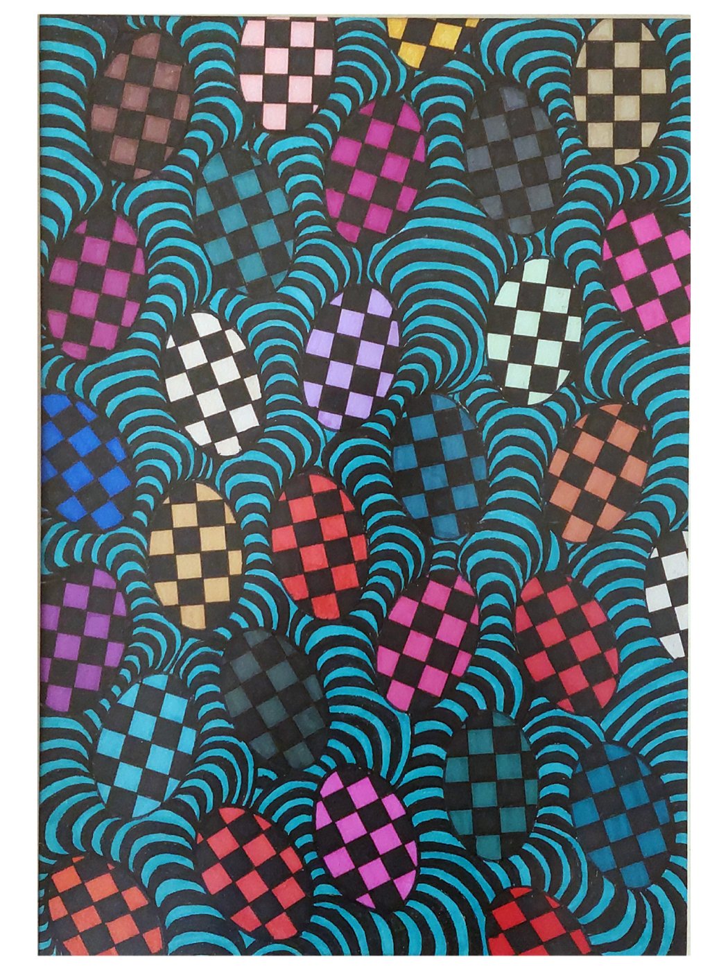 Op Art Šahovnica Abstraktna – Barvita geometrijska risba z markerjem in črnilom