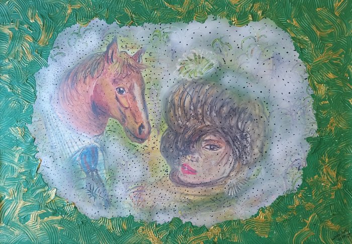 Lady and Mr.Horse- Mešana tehnika na tršem papirju iz leta 1987!